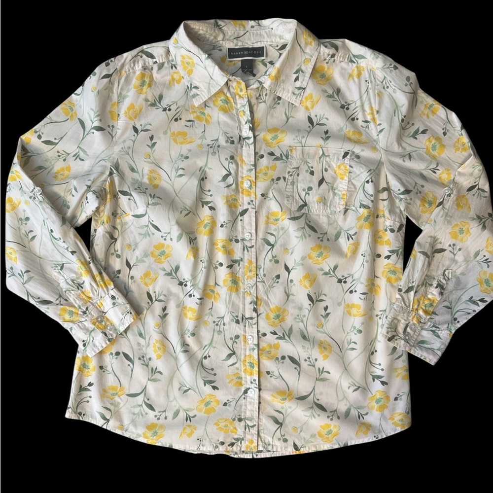 Karen Scott Casual Floral Button-Up Shirt in White with Yellow Flowers.  Size L